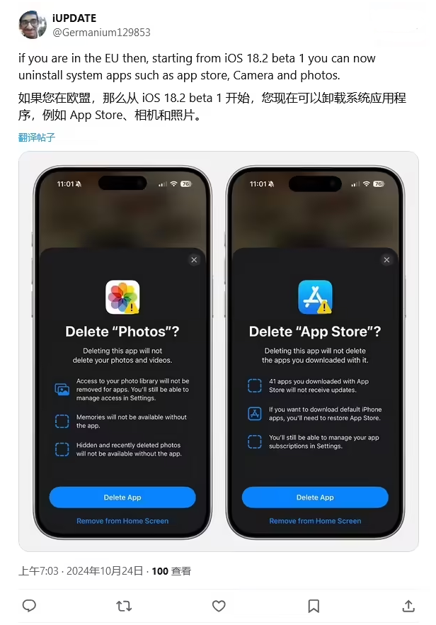 汉阳苹果手机维修分享iOS 18.2 支持删除 App Store 应用商店 