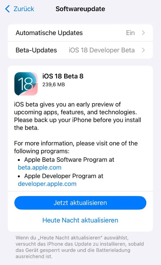 汉阳苹果手机维修分享苹果 iOS / iPadOS 18 开发者预览版 Beta 8 发布 